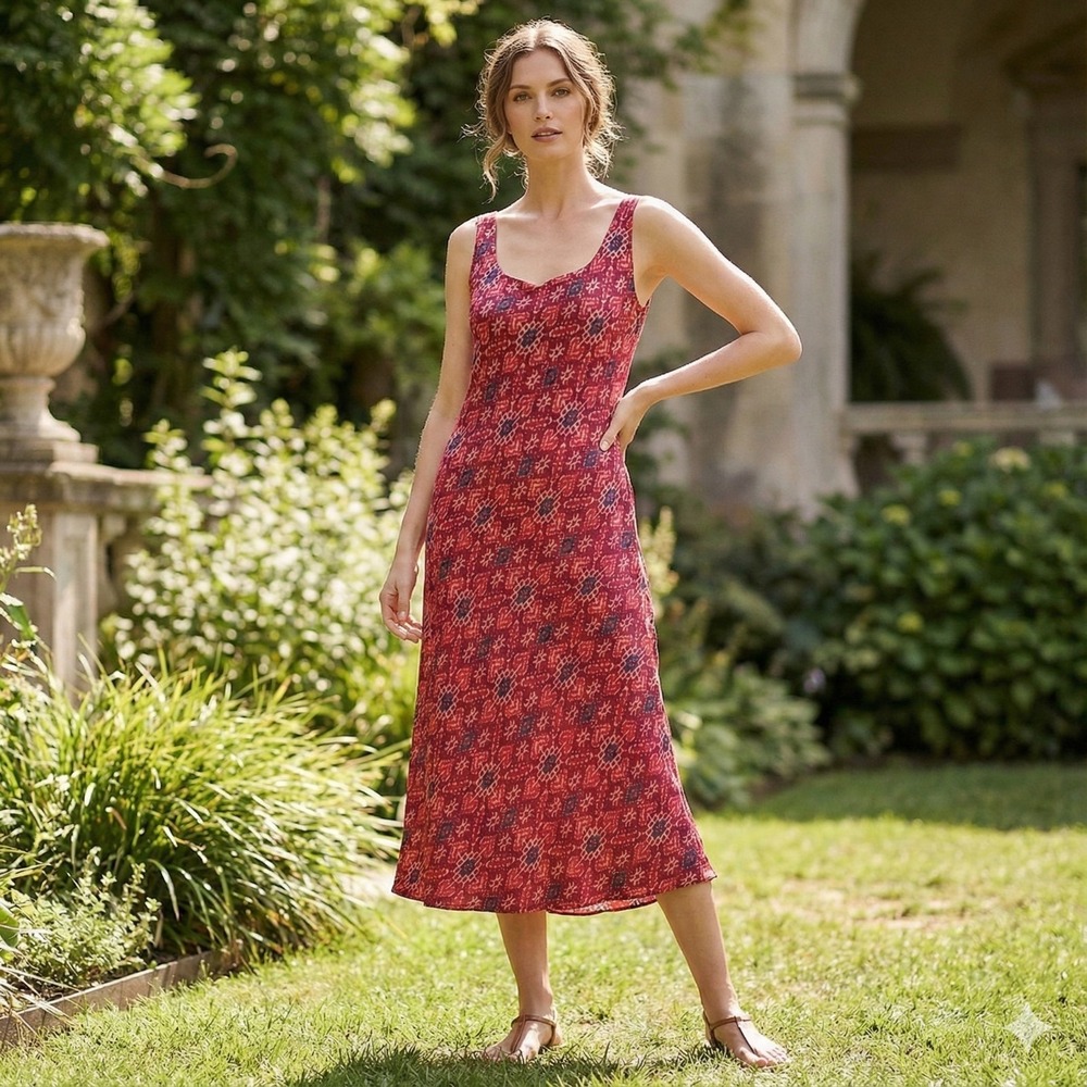 Lauren Ralph Lauren Dress 8 Pink Blue Ikat Sleeveless Midi Preppy Boho Cruise‎